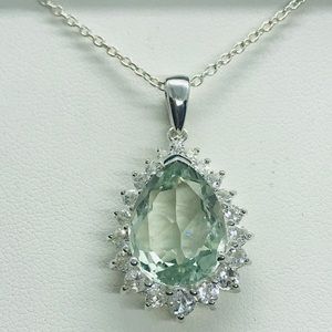 Sterling Silver Pear Shape Light Green Quartz & CZ Pendant & 18” Rolo Chain